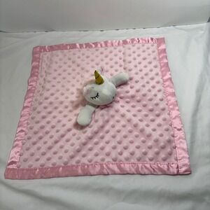 Pink Minky Dot Unicorn Baby Security Blanket Satin Trim Gold Horn Sleepy Eye